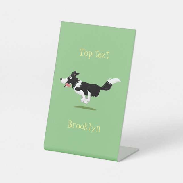 Funny Border Collie dog running cartoon Pedestal Sign (Front)