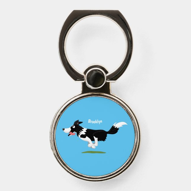 Funny Border Collie dog running cartoon Phone Ring Stand (Front)