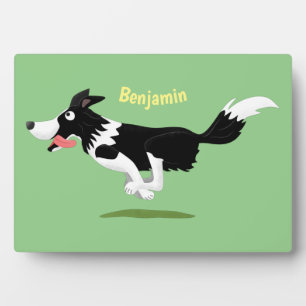 Funny Border Collie dog running cartoon Plaque