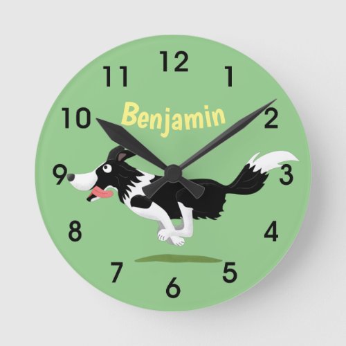 Funny Border Collie dog running cartoon Round Cloc Round Clock