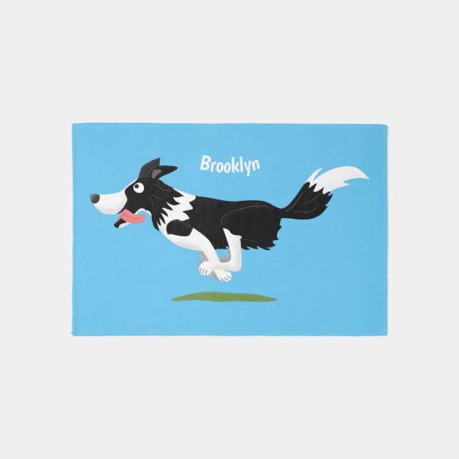 Funny Border Collie dog running cartoon Rug (Front)