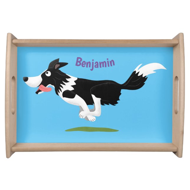Funny Border Collie dog running cartoon Serving Tray (Front)