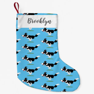 Funny Border Collie dog running cartoon  Small Christmas Stocking