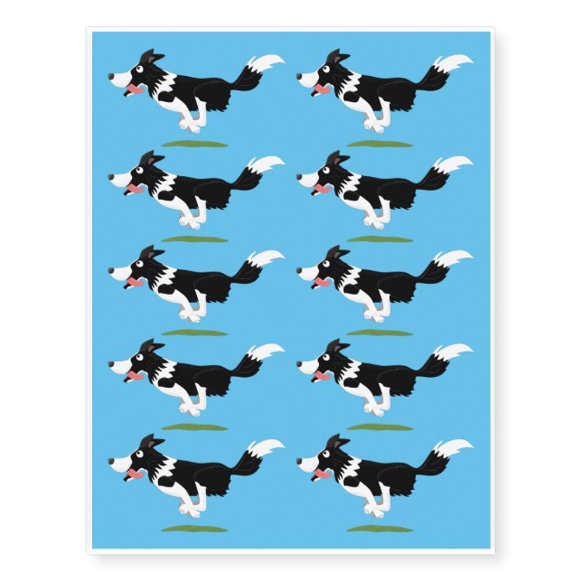 Funny Border Collie dog running cartoon Temporary Tattoos (Front)