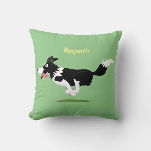 Funny Border Collie dog running cartoon Throw Pillow