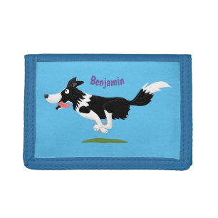 Funny Border Collie dog running cartoon Tri-fold Wallet
