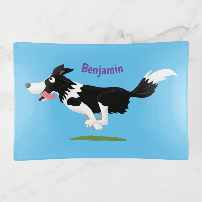 Funny Border Collie dog running cartoon Trinket Tray (Front)