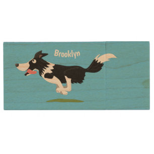 Funny Border Collie dog running cartoon Wood Flash Drive