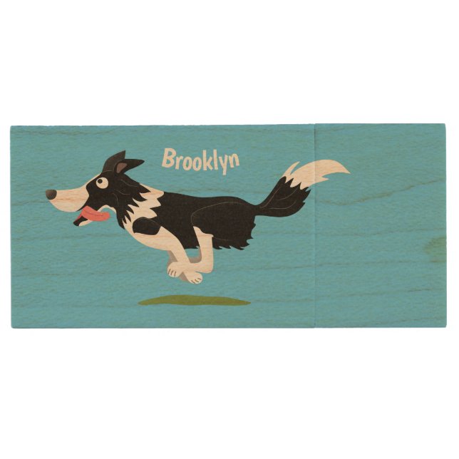 Funny Border Collie dog running cartoon Wood Flash Drive (Front)