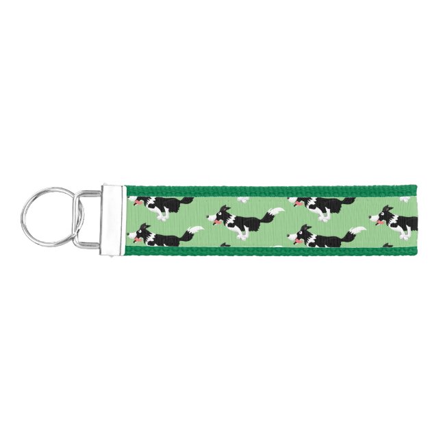 Funny Border Collie dog running cartoon Wrist Keychain (Keys on Left)