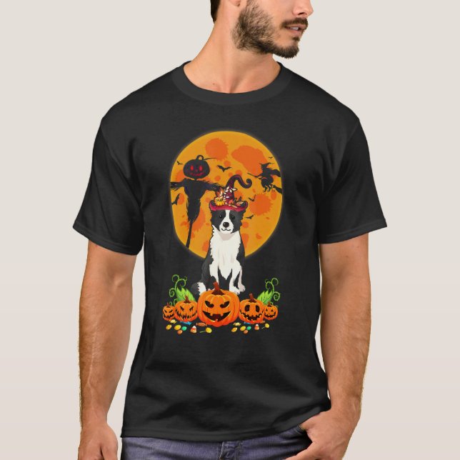 Funny Border Collie Dog Witch Pumpkin Halloween Co T-Shirt (Front)