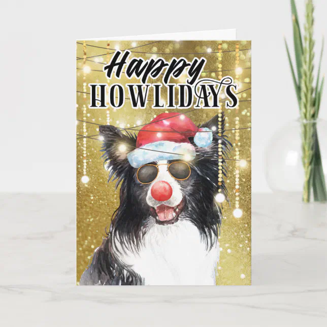 Funny border collie in lights happy holidays card | Zazzle