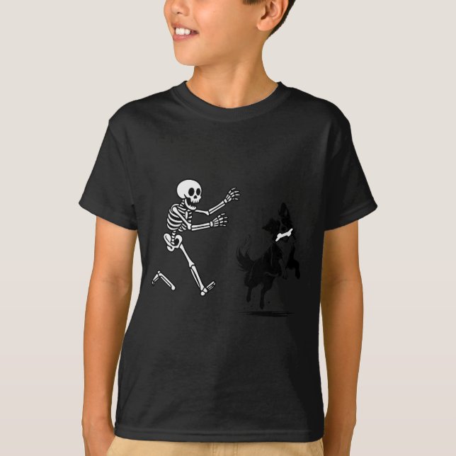 Funny Border Collie Running Skeleton Halloween  T-Shirt (Front)