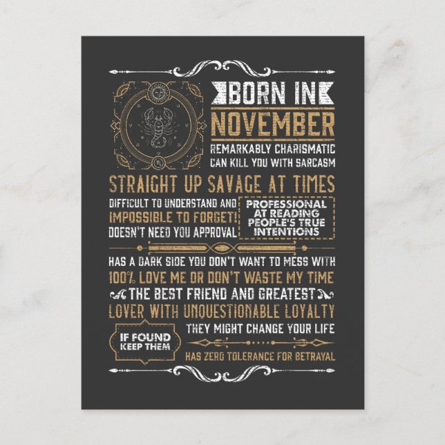 Funny Born In November Birthday Scorpio Zodiac Sig Postcard (Front)