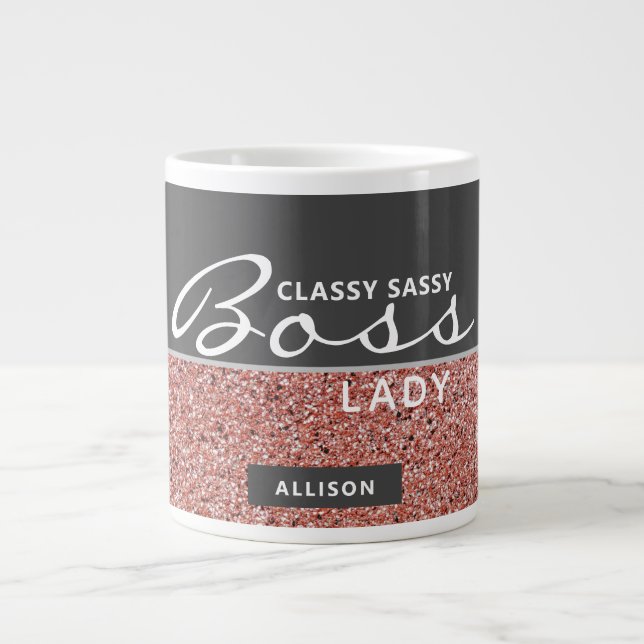 Funny Boss Lady Rose Gold Pink Glitter Name Giant Coffee Mug (Front)