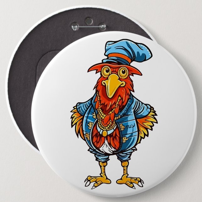 Funny Bossy Cartoon Rooster Button (Front & Back)