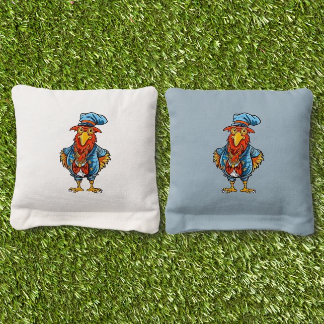 Funny Bossy Cartoon Rooster Cornhole Bags (Grass)