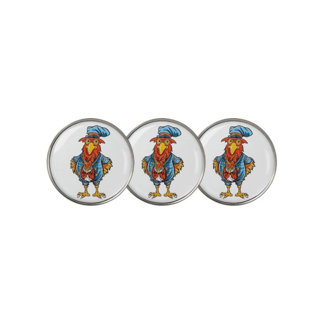 Funny Bossy Cartoon Rooster Golf Ball Marker (3 Up)