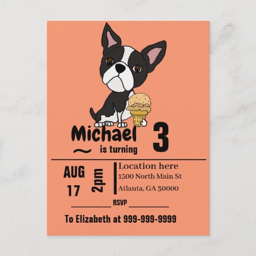 Funny Boston Terrier and Ice Cream Birthday Party Invitation Postcard