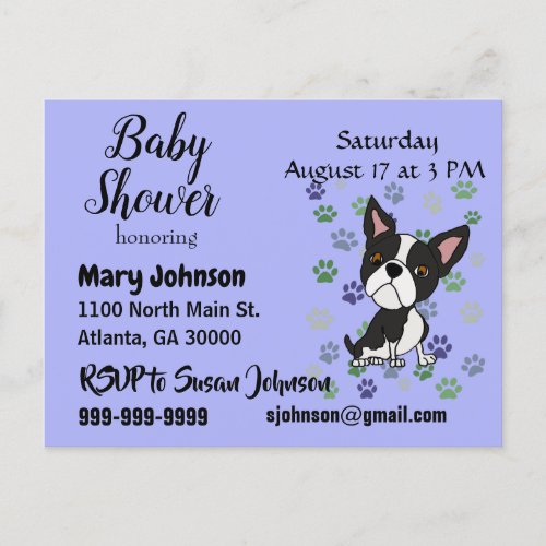 Funny Boston Terrier and Paw Prints Baby Shower Invitation Postcard
