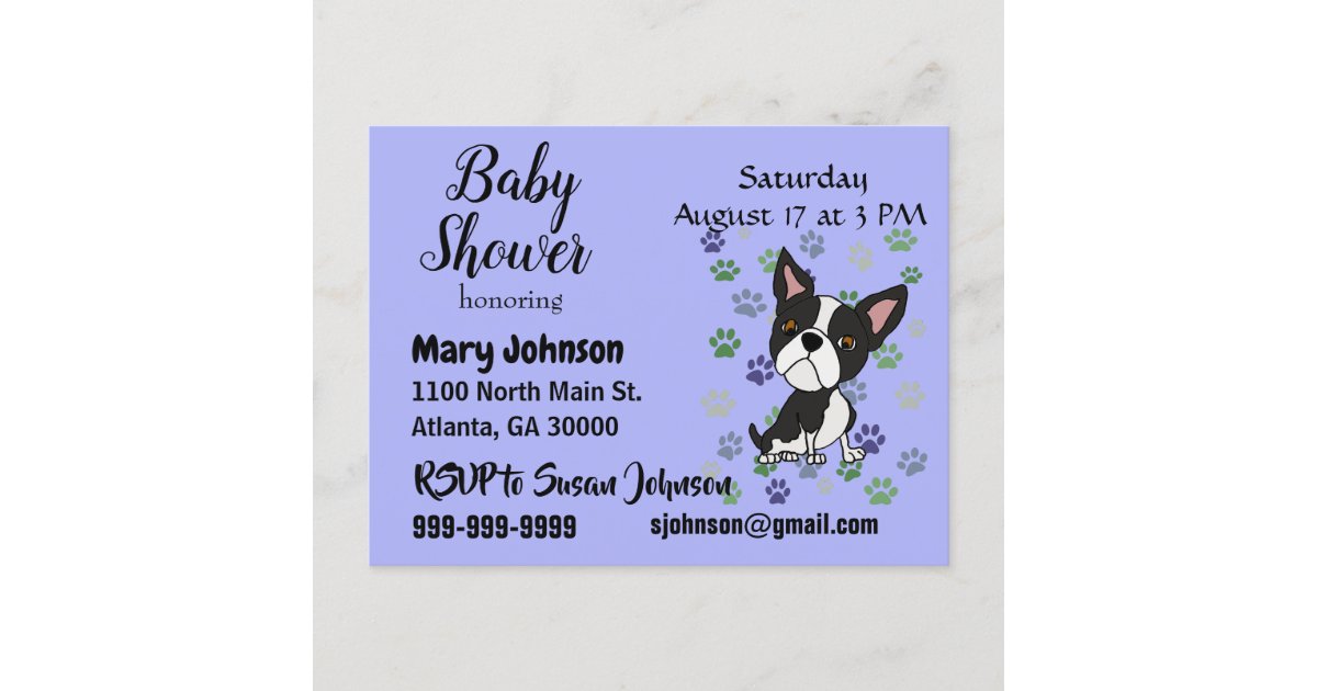 Funny Boston Terrier And Paw Prints Baby Shower Invitation Postcard