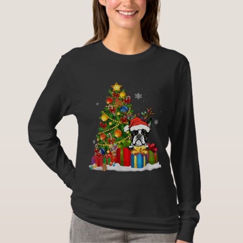 Funny Boston Terrier Christmas Tree Light Dog Xmas T_Shirt