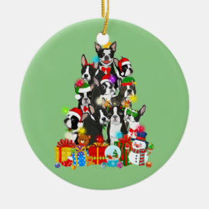Funny Boston Terrier Christmas Tree Lights Puppy Ceramic Ornament