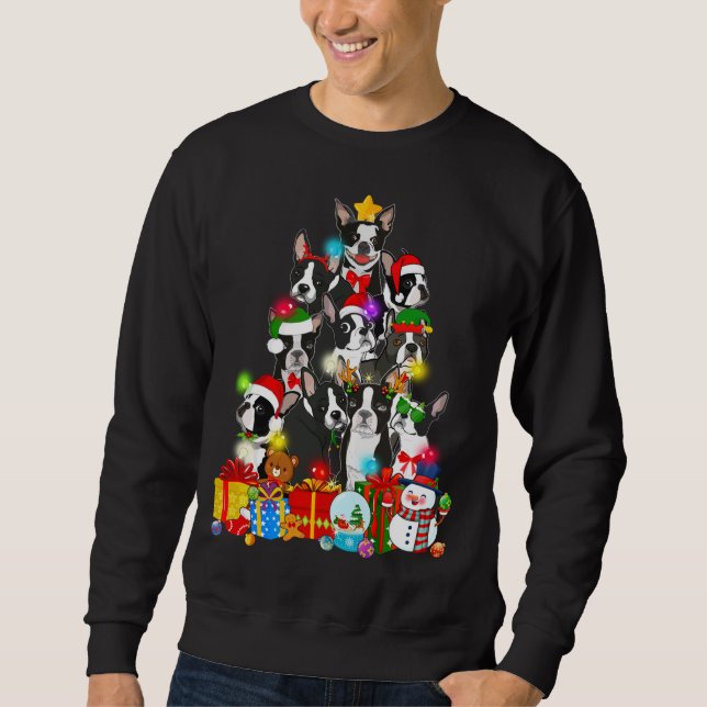Funny Boston Terrier Christmas Tree Lights Puppy D Sweatshirt (Front)