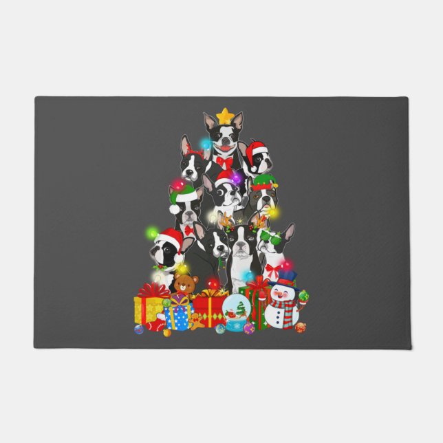 Funny Boston Terrier Christmas Tree Lights Puppy Doormat (Front)