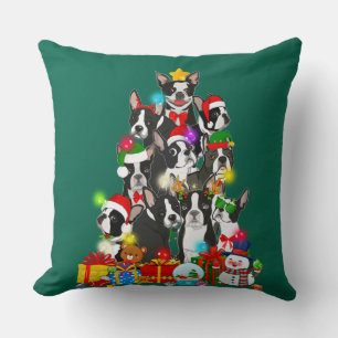 Funny Boston Terrier Christmas Tree Lights Puppy Throw Pillow