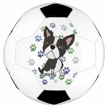 Funny Boston Terrier Dog And Paw Prints Soccer Ball by Petspower at Zazzle