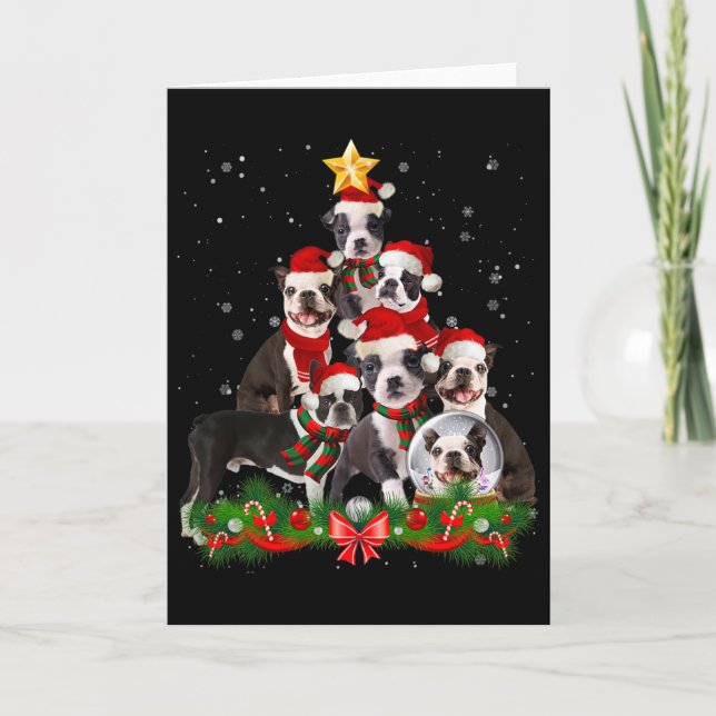 Funny Boston Terrier Dog Christmas Tree  Card (Front)