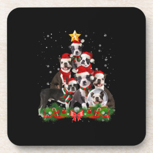 Funny Boston Terrier Dog Christmas Tree Gift Beverage Coaster