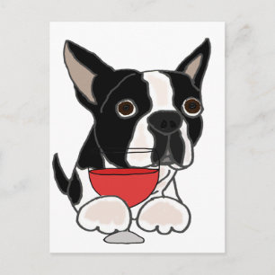 Funny Boston Terrier Dog Drinking Wine Art Postcard