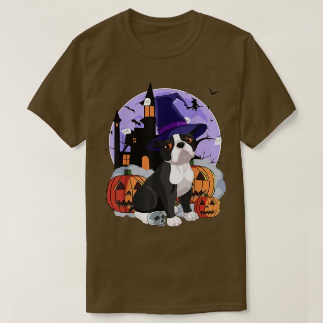 Funny Boston Terrier Dog Halloween Witch Pumpkin  T-Shirt (Design Front)
