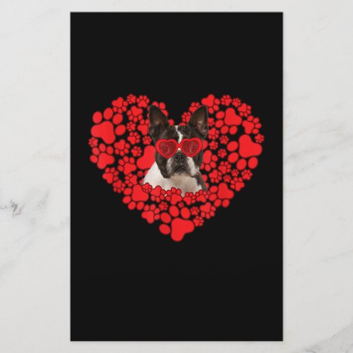 Funny Boston Terrier Dog Paw Heart Valentine Day Stationery