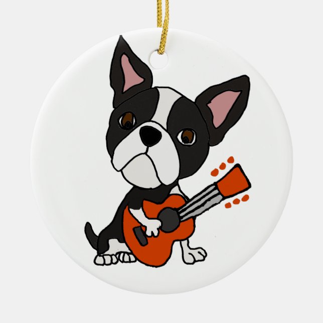 Funny Boston Terrier Dog Playing Guitar Art Ceramic Ornament (Front)