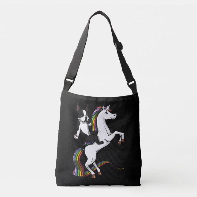 Funny Boston Terrier Dog Riding Unicorn Crossbody Bag (Front)