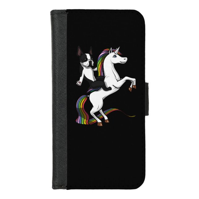 Funny Boston Terrier Dog Riding Unicorn iPhone Wallet Case (Front)