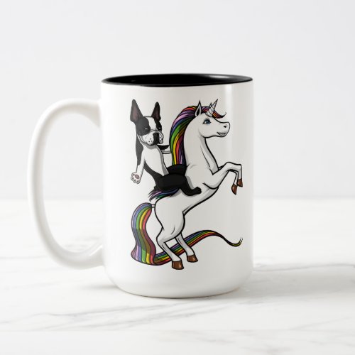 Funny Boston Terrier Dog Riding Unicorn Two_Tone Coffee Mug