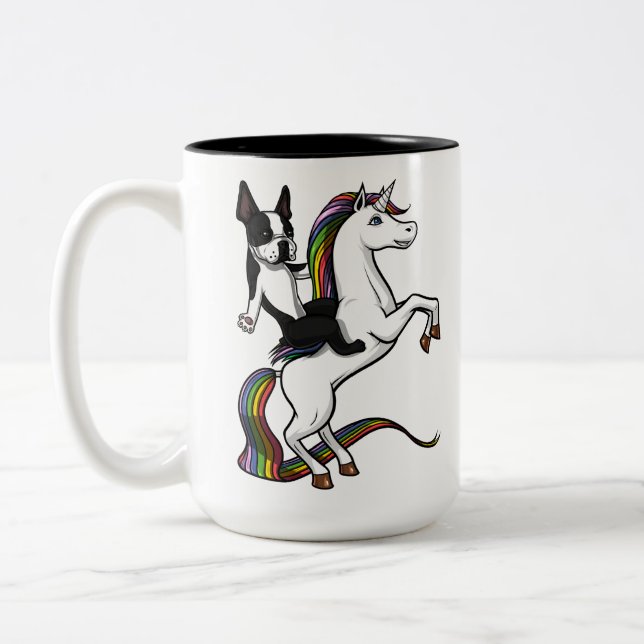 Funny Boston Terrier Dog Riding Unicorn Two-Tone Coffee Mug (Left)