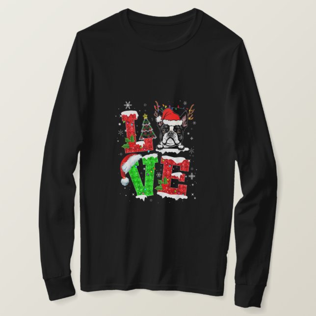 Funny Boston Terrier Dog Tree Christmas Lights Xma T-Shirt (Design Front)