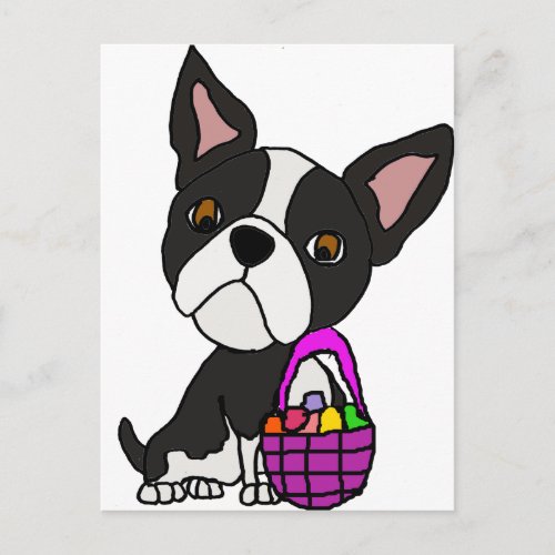 Funny Boston Terrier Dog with Easter Basket Holiday Postcard