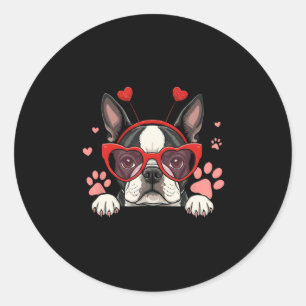 Funny Boston Terrier Heart Headnd Valentine Womens Classic Round Sticker
