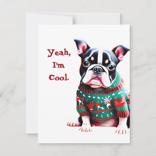 Funny Boston Terrier in Christmas Sweater Holiday Card