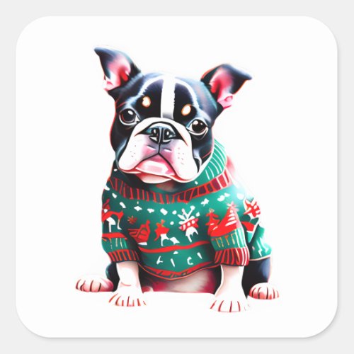 Funny Boston Terrier in Christmas Sweater Square Sticker