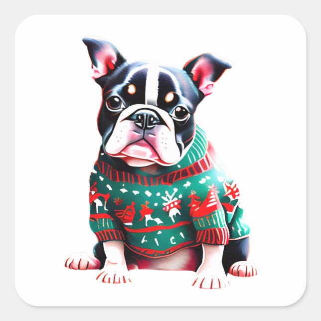 Funny Boston Terrier in Christmas Sweater Square Sticker (Front)