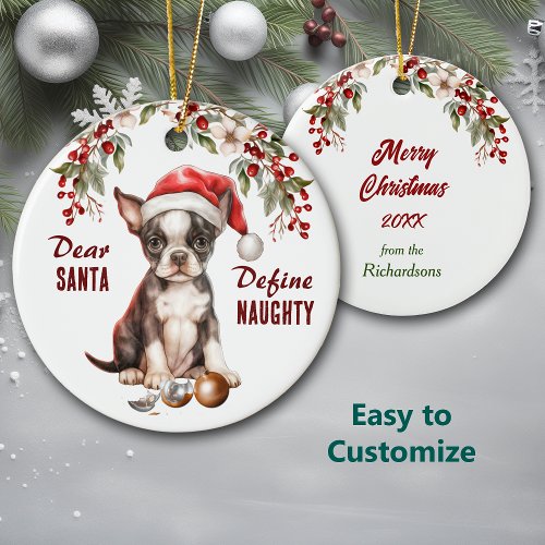 Funny Boston Terrier Pup Define Naughty Christmas Ceramic Ornament