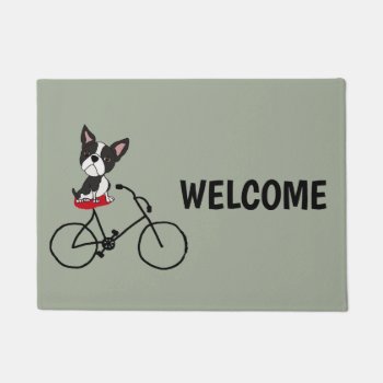 Funny Boston Terrier Riding Bicycle Doormat by Petspower at Zazzle