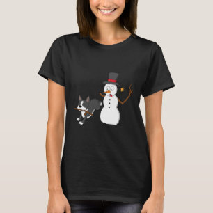 Funny Boston Terrier Snowman Stick Arm Christmas T-Shirt
